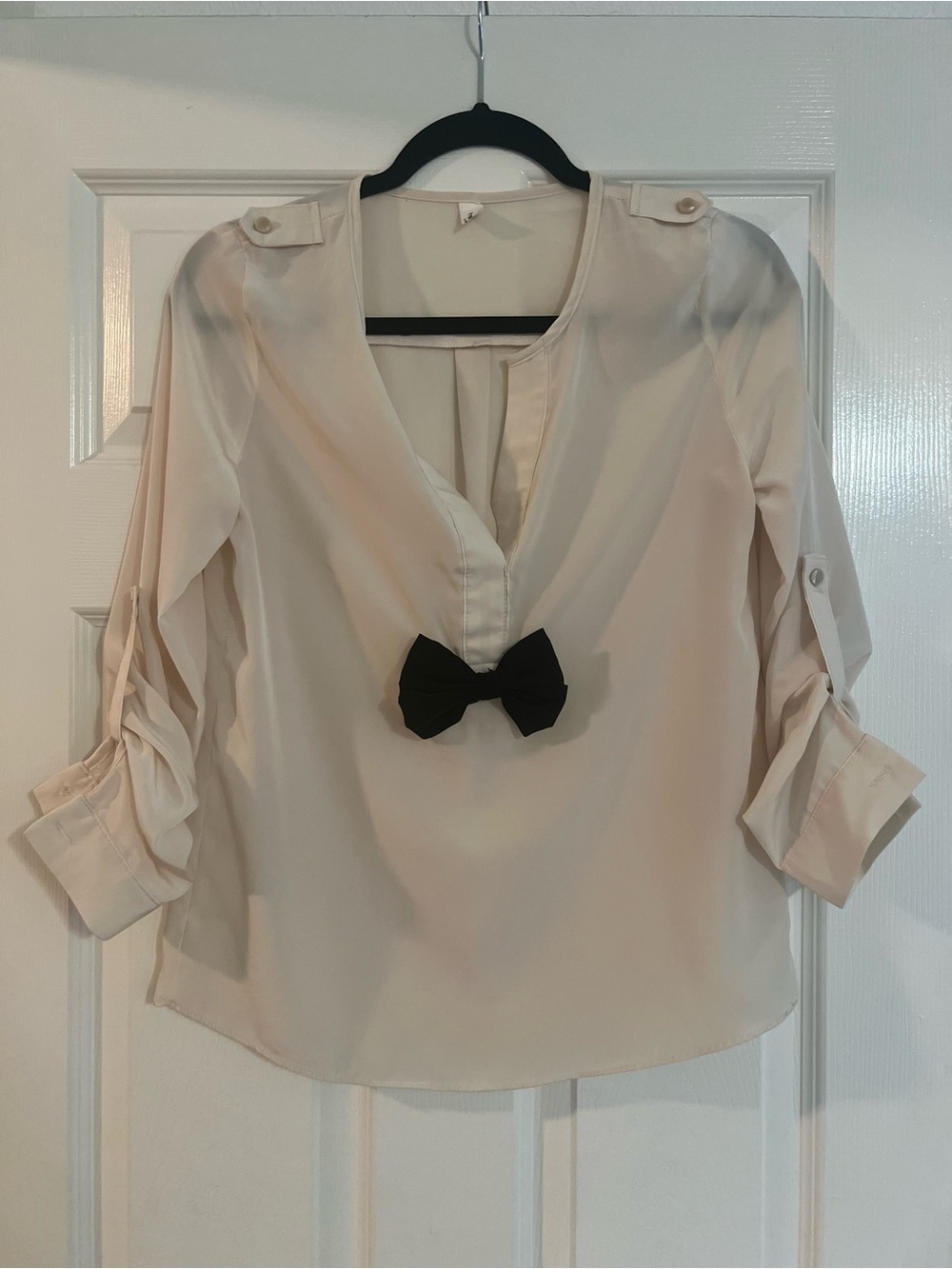 Cream Women's Blouse with Black Bow Accent
